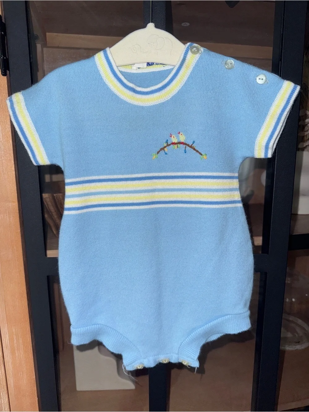 Vintage knit onesie embroidered baby boy bubble romper birds striped 70s retro